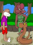  angry anthro blue_eyes bottomless breasts brown_body brown_fur brown_scales clothed clothing eyes_closed female feral forest fur green_clothing group hair kthanid_(artist) male overalls pink_nose pit_viper plant randy_rabbit rattlesnake red_hair reptile rutwell_forest scales scalie serenakty snake sylvester_s._svengal_esq. toony tree trio viper yellow_eyes 