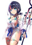 1girl bare_shoulders black_hair blue_eyes blue_ribbon blush breasts collarbone dress fate/grand_order fate/requiem fate_(series) fundoshi highres japanese_clothes jewelry large_breasts long_sleeves looking_at_viewer magatama magatama_hair_ornament magatama_necklace medium_hair multicolored_hair necklace open_mouth pelvic_curtain pink_hair polearm puffy_long_sleeves puffy_sleeves ribbon sen_(astronomy) short_dress sideboob sideless_outfit sidelocks solo spear streaked_hair thighs utsumi_erice weapon white_dress 