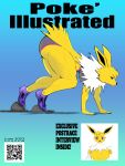  absurd_res anthro bent_legs bent_over big_butt breasts butt cover eeveelution female fur generation_1_pokemon hi_res hyenamane jolteon magazine_cover muscular muscular_female nintendo pokemon pokemon_(species) purple_eyes solo solo_focus yellow_body yellow_fur 