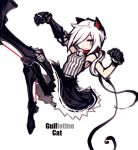  1girl bare_shoulders bell black_gloves black_skirt cat_girl character_name collar gbdlife gloves jingle_bell looking_at_viewer low_ponytail original prosthesis prosthetic_leg shirt skirt sleeveless sleeveless_shirt smile solo two-tone_shirt wavy_hair white_background white_hair 