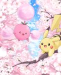  absurdres alternate_color blue_sky cherry_blossoms ekaki_panda falling_petals flower highres jumpluff no_humans open_mouth outdoors petals pikachu pokemon pokemon_(creature) shiny_pokemon sky tree 