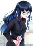  1girl absurdres black_eyes black_hair black_shirt blue_hair breasts chair commentary_request cup fate/grand_order fate_(series) glasses highres holding holding_cup long_sleeves medium_breasts multicolored_hair semi-rimless_eyewear shirt shoukaze_(syoubu0615) solo tenochtitlan_(fate) two-tone_hair under-rim_eyewear wavy_hair 