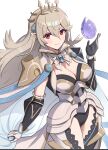  1girl absurdres armor black_leotard breasts cape cleavage corrin_(female)_(fire_emblem) corrin_(female)_(silent_bloodline)_(fire_emblem) corrin_(fire_emblem) crown fire_emblem fire_emblem_fates fire_emblem_heroes frills gloves gonzarez hair_between_eyes hair_ornament highres jewelry leotard long_hair looking_at_viewer official_alternate_costume pointy_ears red_eyes shoulder_armor solo tiara white_hair 