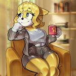  blonde_hair clothing cozy fan_character fur hair hi_res mug pajama_pants pajama_shirt pajamas sega sonic_the_hedgehog_(series) yellow_body yellow_fur 