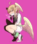  1girl alternate_costume angel angel_wings aohada_bocchi blonde_hair breath clenched_teeth feathered_wings from_side graffiti green_eyes gym_uniform head_wings lian_(aohada_bocchi) looking_at_viewer midriff pink_background pointy_ears pointy_nose shoes shorts socks squatting steam steaming_body sweat sweatdrop teeth twintails white_footwear white_shorts wings zyugoya 