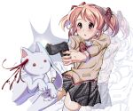  1girl 1other :3 beretta_92 black_skirt blood blood_splatter bow bowtie firing gun handgun highres jacket kaname_madoka kuro_miumu kyubey mahou_shoujo_madoka_magica mitakihara_school_uniform murder pink_eyes pink_hair plaid plaid_skirt red_bow red_bowtie school_uniform shirt skirt weapon white_background white_shirt yellow_jacket 