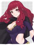  1girl black_bodysuit black_cape bodysuit breasts cape choker cleavage closed_mouth clothing_cutout commentary_request fire_emblem fire_emblem_engage hair_ornament high_collar highres long_hair looking_at_viewer medium_breasts pink_choker red_eyes red_hair short_sleeves smile solo star_(symbol) star_hair_ornament umi_meteo wavy_hair yunaka_(fire_emblem) 