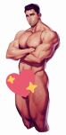 1boy arcane:_league_of_legends arcane_jayce areyoucracked bad_id bad_twitter_id bara censored closed_mouth completely_nude crossed_arms emoji emoji_censor facial_hair highres jayce_(league_of_legends) large_pectorals league_of_legends male_focus muscular muscular_male navel nipples nude pectorals simple_background solo thick_thighs thighs white_background 