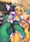  anthro blush canid canine canis clothed clothing domestic_dog dragonfu duo female fingering fur grey_body grey_fur hi_res mammal open_mouth procyonid raccoon vaginal vaginal_fingering yellow_body yellow_fur 