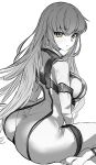  1girl absurdres ass barefoot blue_theme bodysuit breasts c.c. closed_mouth code_geass commentary from_side greyscale highres large_breasts long_hair looking_at_viewer looking_to_the_side metsu_end monochrome partially_colored simple_background sitting soles solo straitjacket torn_clothes very_long_hair wardrobe_malfunction wariza white_background yellow_eyes 