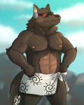  anthro brown_body brown_fur canid canine canis corrector_yui eyewear fur hi_res male mammal muscular muscular_male nipples solo sunglasses towel towel_around_waist towel_only unknown_artist war_wolf wolf 