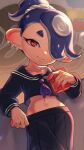  1girl belly blue_hair drinking_straw earrings hair_over_one_eye highres iria_(yumeirokingyo) jewelry juice_box looking_at_viewer navel octoling ponytail red_eyes shiver_(splatoon) smile splatoon_(series) splatoon_3 