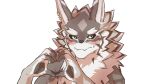  anthro black_sclera blush canid canine canis embarrassed fur gesture green_eyes hand_heart hi_res jackal kusamoti13seth lifewonders male mammal seth_(tas) shirtless solo striped_body striped_fur stripes tokyo_afterschool_summoners 