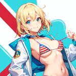  ai-generated american_flag american_flag_bikini aqua_eyes bikini blonde_hair breasts flag_print hood jacket kanojo_okarishimasu medium_breasts nanami_mami non-web_source simple_background small_breasts smile swimsuit white_jacket 