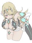  1girl bare_shoulders blonde_hair breasts chest_jewel cleavage cleavage_cutout clothing_cutout cropped_legs dress earrings elbow_gloves gloves highres jewelry kame_0_0_kame large_breasts leaning_forward mythra_(xenoblade) open_mouth simple_background solo thigh_strap tiara white_background white_dress white_gloves xenoblade_chronicles_(series) xenoblade_chronicles_2 yellow_eyes 