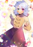  1girl blurry blurry_foreground brown_pants brown_shirt closed_mouth commentary_request commission depth_of_field doll_joints flower green_eyes grey_hair hair_between_eyes hands_up heterochromia joints kou_hiyoyo long_sleeves original pants pink_flower puffy_long_sleeves puffy_sleeves purple_eyes red_flower shirt short_eyebrows skeb_commission sleeves_past_wrists smile solo thick_eyebrows white_flower 