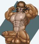  alien alien_humanoid balls big_penis black_hair flexing flexing_bicep flexing_both_biceps foreskin genitals hair hi_res huge_penis humanoid male miasmaaxel muscular muscular_humanoid muscular_male pecs penis predator_(franchise) solo teeth vein veiny_penis yautja 