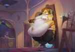  absurd_res anthro armor belly belly_overhang big_belly clothing dialogue duo emberwick english_text female growth hair hat headgear headwear hi_res huge_hips huge_thighs hyper hyper_belly love_handles mammal maple_(maplemash) morbidly_obese morbidly_obese_anthro morbidly_obese_female navel nipples obese obese_anthro obese_female orange_hair overweight overweight_anthro overweight_female procyonid raccoon solo squeezing store text thick_thighs torn_clothing wardrobe_malfunction weight_gain 