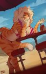  anthro arbuzbudesh beach beach_umbrella bent_over big_breasts bikini blonde_hair breasts buxbi_(character) clothed clothing cloud day felid female fur furniture hair head_on_hand mammal orange_body orange_fur outside pantherine partially_clothed seaside sky solo striped_body striped_fur stripes swimwear table thick_thighs tiger 
