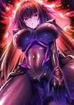  1girl bodysuit breasts cameltoe covered_navel fate/grand_order fate_(series) hair_between_eyes iro_ame_(amewaagada) large_breasts latex latex_bodysuit long_hair looking_at_viewer purple_hair red_eyes scathach_(fate) solo sparkle veil very_long_hair 