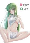  1girl absurdres backlighting bare_arms between_legs blush breasts budgiepon c.c. code_geass commentary_request crossed_bangs english_commentary eyelashes foot_out_of_frame green_hair hair_between_eyes hair_over_shoulder hand_between_legs head_tilt highres holding_own_foot indian_style lips long_hair looking_at_viewer medium_breasts meme midriff navel parted_lips scar scar_on_breasts shirt shorts simple_background sitting sleeveless sleeveless_shirt solo stomach straight_hair twitter_strip_game_(meme) undressing very_long_hair white_background white_shirt white_shorts yellow_eyes 