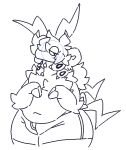  2_fingers antennae_(anatomy) anthro belly big_belly biped black_and_white blush blush_lines breasts chest_tuft clothed clothing featureless_breasts female fingers generation_5_pokemon hair half-closed_eyes monochrome narrowed_eyes navel nintendo overweight overweight_anthro overweight_female pear-shaped_figure pokemon pokemon_(species) pokemorph scolipede shorts_only simple_background small_breasts solo standing topless tuft viomarks white_background wide_hips 