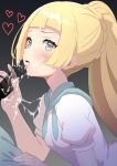  1girl blonde_hair blunt_bangs blush cum cum_in_mouth eyelashes facial from_side green_eyes hand_on_another&#039;s_penis heart heart-shaped_pupils lillie_(pokemon) long_hair open_mouth pokemon pokemon_(game) pokemon_sm pon_tanuki_(ga7fsrge9jxblaw) ponytail raised_eyebrows sailor_collar shirt short_sleeves solo symbol-shaped_pupils tongue tongue_out upper_body white_shirt 