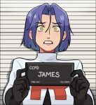  1boy barbie_(live_action) barbie_mugshot_(meme) black_gloves commentary english_commentary gloves green_eyes highres james_(pokemon) kiana_mai looking_at_viewer medium_hair meme mugshot pokemon pokemon_(anime) pokemon_(classic_anime) purple_hair solo team_rocket team_rocket_uniform teeth 