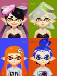  1boy 3girls anniversary arrow_print bare_shoulders bellhenge black_dress black_hair black_sleeves blue_background blue_eyes blue_hair bow callie_(splatoon) closed_mouth collar cousins cup_on_head deviantart_username dress english_commentary eyelashes eyewear_on_head food food-themed_hair_ornament frown glasses green_background hair_bow hair_ornament hairclip inkling inkling_boy inkling_girl layered_sleeves logo_hair_ornament long_hair long_sleeves marie_(splatoon) mole mole_under_eye multiple_girls open_mouth orange_background orange_eyes orange_hair pink_background pointy_ears sharp_teeth shirt short_hair short_over_long_sleeves short_ponytail short_sleeves silver_earrings sleeveless sleeveless_dress smile splatoon_(series) splatoon_1 sushi t-shirt teeth tentacle_hair thick_eyebrows twintails upper_body white-framed_eyewear white_collar white_hair white_shirt yellow_eyes 