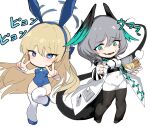  2girls animal_ears arknights blonde_hair blue_archive blue_eyes bow breasts chibi coat commentary_request double_v expressionless fake_animal_ears fangs fingerless_gloves food fork gloves grey_hair hair_between_eyes hairband halo head_wings high_heels highres ho&#039;olheyak_(arknights) holding holding_fork hot_dog kinbakuman large_breasts long_hair long_sleeves medium_breasts multiple_girls navel open_mouth pantyhose playboy_bunny rabbit_ears skindentation slit_pupils smile tail takeout_container thighhighs toki_(blue_archive) toki_(bunny)_(blue_archive) translation_request v white_coat wings wrist_cuffs 