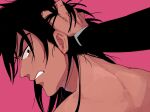  2boys back black_eyes black_hair clenched_teeth commentary_request dutch_angle grabbing_another&#039;s_hair inudori itou_kaiji kaiji long_hair looking_at_viewer looking_back male_focus medium_bangs multiple_boys pink_background scar scar_on_cheek scar_on_ear scar_on_face simple_background solo_focus teeth 