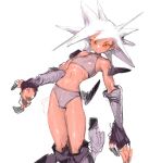  1girl @_@ character_request colored_skin fake_claws grin hakusaku highres looking_at_viewer midriff navel pink_skin red_eyes shiny_clothes shiny_skin simple_background smile solo spiked_hair white_background white_hair 