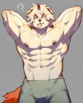  2023 abs anthro areola arknights bulge canid canine canis clothed clothing domestic_dog fur hair hi_res horn hung_(arknights) hypergryph looking_at_viewer male mammal muscular muscular_anthro muscular_male navel pluto08010511 pu94_d1de4c solo studio_montagne tail tan_body tan_fur topless topless_anthro topless_male white_body white_fur white_hair 
