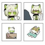  1girl 1other animal_ears animalization arknights blanket box cat cat_ears cat_girl chibi closed_mouth commentary doctor_(arknights) dress eye_mask fragile_symbol green_dress holding holding_paper in_box in_container jacket jitome kal&#039;tsit_(arknights) lying on_back paper pillow pointing sidelocks simple_background south_ac symbol-only_commentary white_background white_jacket 