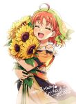  1girl absurdres ahoge artist_name birthday blush braid character_name closed_eyes collarbone commentary english_text flower genjitsu_no_yohane happy_birthday highres holding holding_flower kougi_hiroshi love_live! love_live!_sunshine!! orange_hair short_hair side_braid smile sunflower takami_chika upper_body 