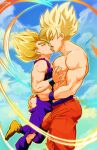  2boys absurdres artist_name bara blue_hair blue_sky brown_footwear bulging_penis character_request closed_eyes cloud dragon_ball facing_another french_kiss full_body grabbing hair_up highres idoraad kiss long_hair male_focus multiple_boys muscular muscular_male orange_pants pants pectoral_grab pectorals purple_pants purple_tank_top saiyan size_difference sky super_saiyan tank_top topless_male yaoi 