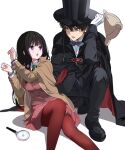  1boy 1girl :o alternate_costume artist_logo black_cape black_footwear black_hair black_headwear black_jacket black_pants blush bound bound_wrists bow bowtie breasts brown_hair cape chitanda_eru collared_shirt cuffs deerstalker detective gloves handcuffs hat highres hyouka jacket kimi_ni_matsuwaru_mystery large_breasts long_hair long_sleeves looking_at_another magnifying_glass mery_(yangmalgage) monocle open_mouth oreki_houtarou pants pantyhose pleated_skirt purple_eyes red_cape red_pantyhose restrained school_uniform shirt short_hair simple_background skirt smile teeth top_hat two-sided_cape two-sided_fabric upper_teeth_only white_background white_gloves white_shirt 