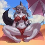  anthro beach breasts canid canine canis clothing collar farodor female genitals goth helluva_boss hi_res loona_(helluva_boss) mammal pinup pose pussy seaside solo swimwear wolf 