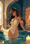  1girl animal_ears arm_support ass_visible_through_thighs bath black_hair blonde_hair blue_eyes candle closed_mouth commission crossed_bangs dark-skinned_female dark_skin dehya_(genshin_impact) genshin_impact hair_between_eyes highres long_hair looking_at_viewer multicolored_hair naked_towel partially_submerged revenantart smile solo standing towel 