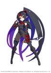  1girl absurdly_long_hair armor bad_link black_eyes black_gloves black_thighhighs copyright disgaea disgaea_rpg elbow_gloves fingerless_gloves full_body gloves headband high_ponytail highres holding holding_knife knife kunai kunoichi_(disgaea) legs_apart long_hair magatama official_art photoshop_(medium) pointy_ears reverse_grip solo standing thighhighs very_long_hair weapon 