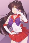  1girl ;p back_bow bishoujo_senshi_sailor_moon black_hair bow bowtie brooch choker circlet collarbone earrings elbow_gloves gem gloves heart_brooch highres jewelry long_hair miniskirt ofuda one_eye_closed pleated_skirt purple_bow purple_bowtie purple_eyes red_bow red_choker red_gemstone red_sailor_collar red_skirt sailor_collar sailor_mars shirt short_sleeves simple_background skirt smile solo star_(symbol) star_earrings tongue tongue_out white_gloves white_shirt yyemoyy 
