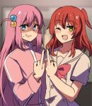  2girls :d blue_eyes blurry blurry_background blush bocchi_the_rock! commentary cube_hair_ornament english_commentary gotou_hitori green_eyes hair_between_eyes hair_ornament highres hinghoi jacket kita_ikuyo long_hair looking_at_viewer middle_finger multiple_girls nervous one_eye_closed one_side_up open_mouth pink_hair pink_jacket red_hair school_uniform shaded_face side-by-side side_ponytail sidelocks smile sweatdrop very_long_hair wavy_mouth 