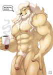  abs absurd_res anthro balls beverage coffee coffee_mug dialogue dislyte ear_piercing english_text felid foreskin genitals hair hi_res javid_(dislyte) lion lomlynx long_hair male mammal muscular muscular_anthro muscular_male nipples nude pantherine penis piercing pubes simple_background smile solo speech_bubble steam text white_background 