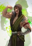  1boy dukkoart flexing gauntlets hand_on_own_hip highres hood keychain looking_at_viewer mortal_kombat_(series) mortal_kombat_1_(2023) muscular one_eye_closed reptile_(mortal_kombat) short_hair single_gauntlet tattoo tongue tongue_out 