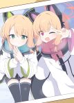  2girls absurdres animal_ear_headphones animal_ears black_shorts black_thighhighs blonde_hair blue_archive blue_bow blue_scarf blush bow closed_mouth fake_animal_ears green_eyes green_halo hagoonha hair_bow halo headphones highres jacket long_sleeves midori_(blue_archive) momoi_(blue_archive) multiple_girls one_eye_closed open_mouth red_bow red_eyes red_halo red_scarf scarf short_hair shorts siblings sisters smile thighhighs twins two-sided_fabric two-sided_jacket white_jacket 