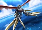  aatom87 armor cannon claws digimon digimon_(creature) dragon flying horns imperialdramon no_humans ocean open_mouth white_hair wings 