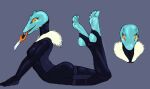  2013 barefoot black_bodysuit bodysuit butt claws clothing feet female fur_collar glowing glowing_eyes haa hi_res humanoid_feet kiihra_(quintonquill) knife knife_sheath plantigrade pose pupils quintonquill reptile scalie sharp_teeth simple_background skinsuit slit_pupils snake soles solo spikes spikes_(anatomy) teal_body teeth tight_clothing toe_claws toes weapon 