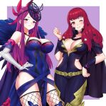  1girl bare_shoulders breasts cleavage dress elbow_gloves fascinator fire_emblem fire_emblem_engage flower gloves hair_ornament highres igni_tion ivy_(fire_emblem) jewelry large_breasts long_hair looking_at_viewer mole mole_under_mouth purple_eyes purple_hair rose smile solo thighhighs white_gloves yunaka_(fire_emblem) 