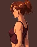  1girl absurdres breasts brown_background brown_eyes brown_hair brown_tank_top brown_theme commentary crop_top from_side frown highres medium_breasts midriff original ponytail profile ronillust solo tank_top v-shaped_eyebrows 