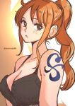 1girl aosora2823 arm_tattoo black_bra blush bra breasts brown_eyes cleavage commentary earrings expressionless highres jewelry large_breasts long_hair looking_at_viewer nami_(one_piece) one_piece open_mouth orange_background orange_hair ponytail simple_background solo tattoo twitter_username underwear upper_body white_background 